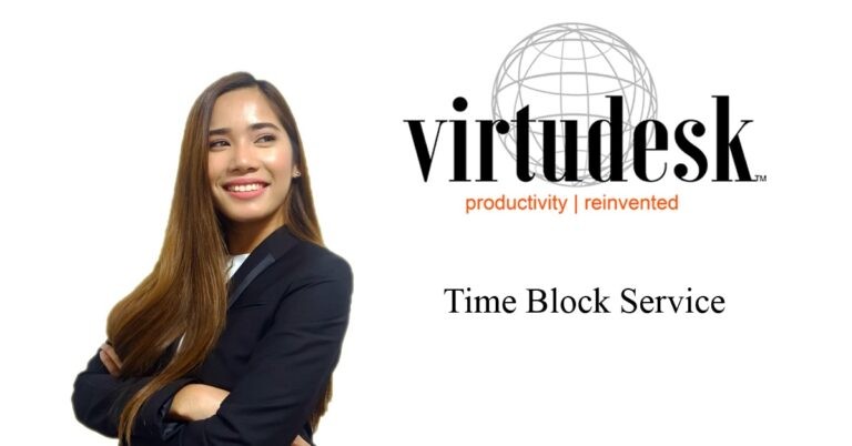 A professional woman in a suit and tie stands confidently in front of a time block service virtudesk logo.