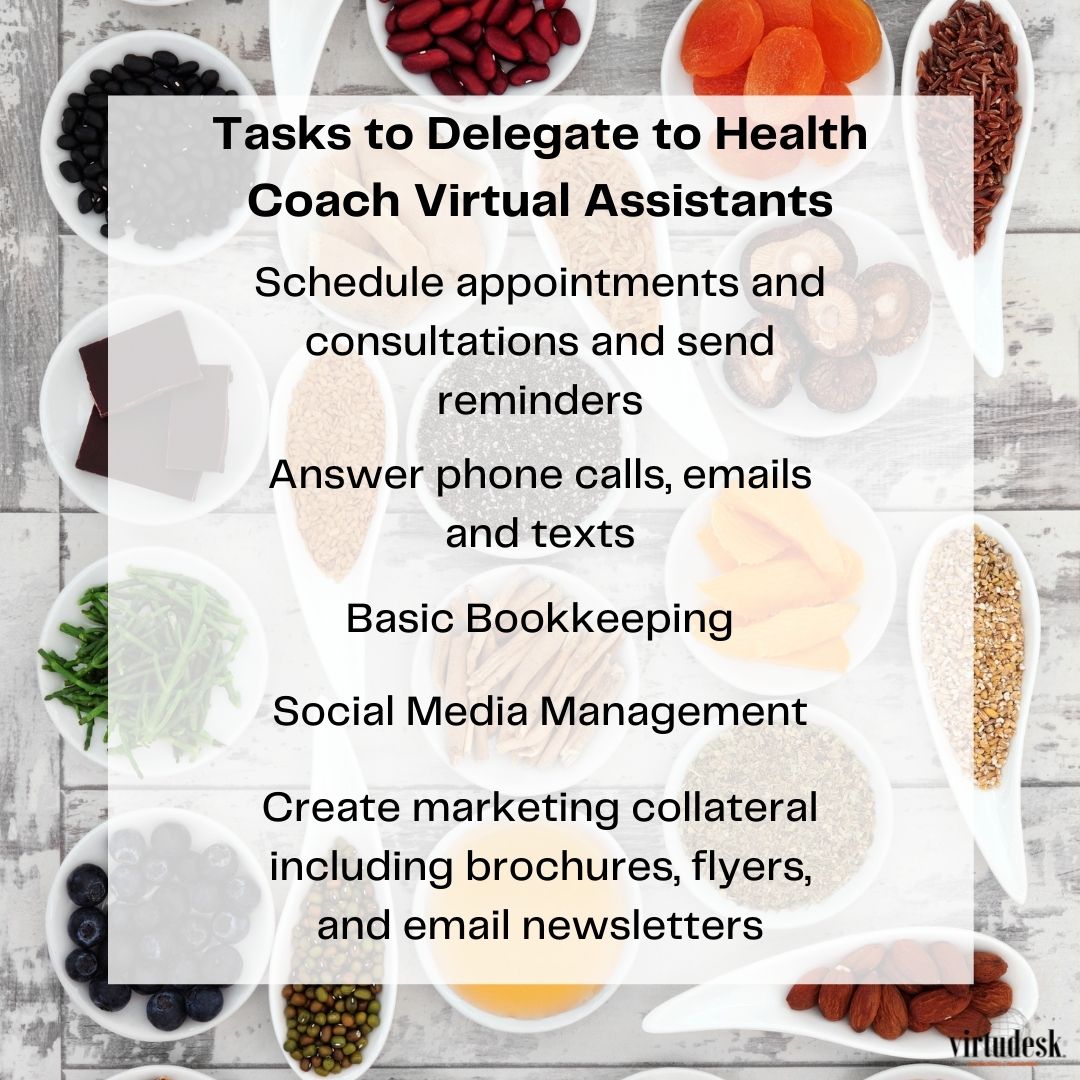 Virtual Assistants for health coaches tasks to delegate infographic 