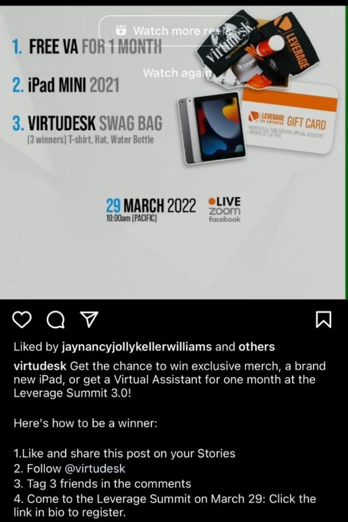 virtudesk leverage summit 3 giveaway social media content ideas