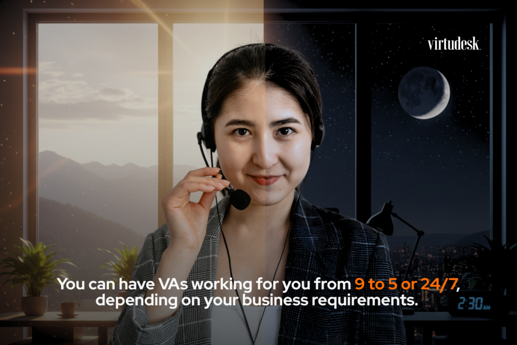 You can have VAs working for you from 9 to 5 or 24/7, depending on your business requirements. 